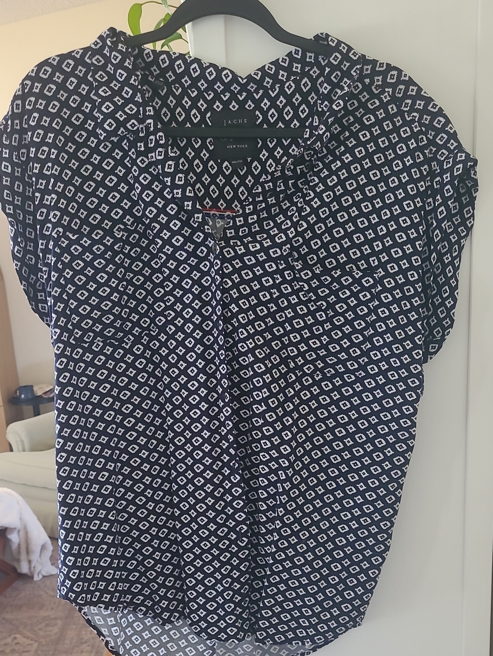 Navy Blue and White Button Up Plus Size Short Sleeve Blouse XXL